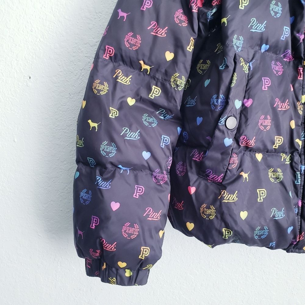 PINK Victoria's Secret Rainbow Logo Hooded Puffer Jacket - Picture 2 of 7
